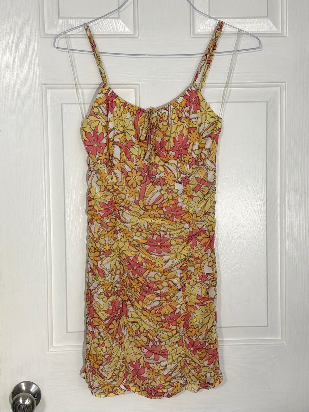 Ultra Flirt Floral Ruched Mini Dress Spaghetti Strap Tie Front YellowPink Size M